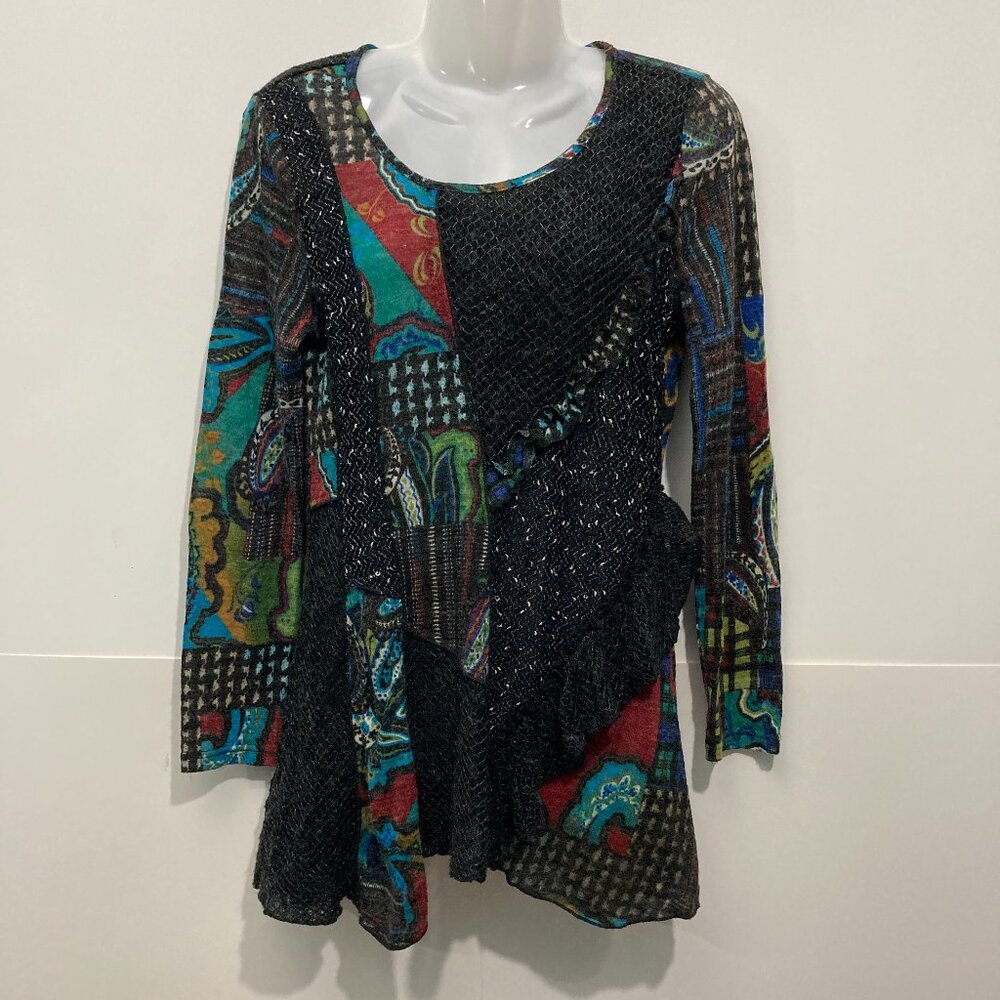 Vintage Concepts Long Sleeves Artsy Tunic top Lagenlook Multi Ruffle Paisley S